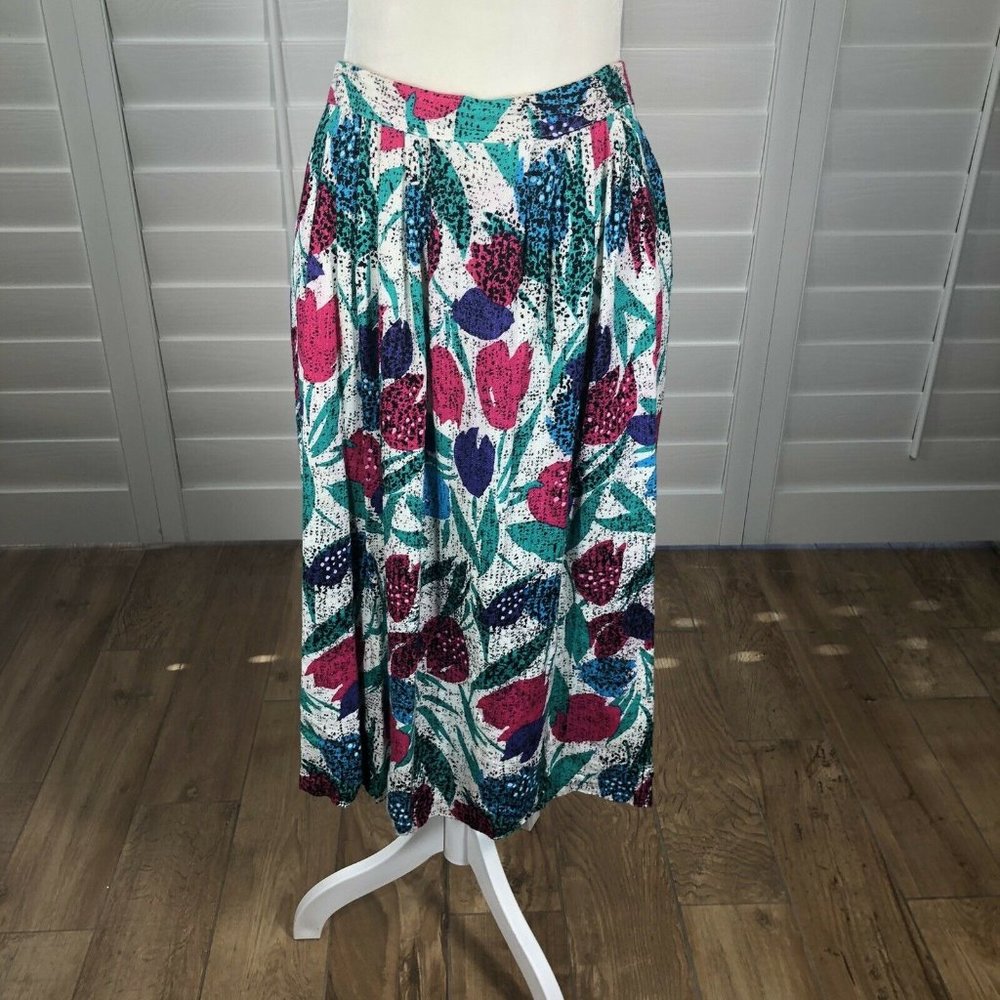 Vtg 80s Rhubarb Rayon Skirt 36 M/L Bright Floral Tulips Career Church Goldberg's